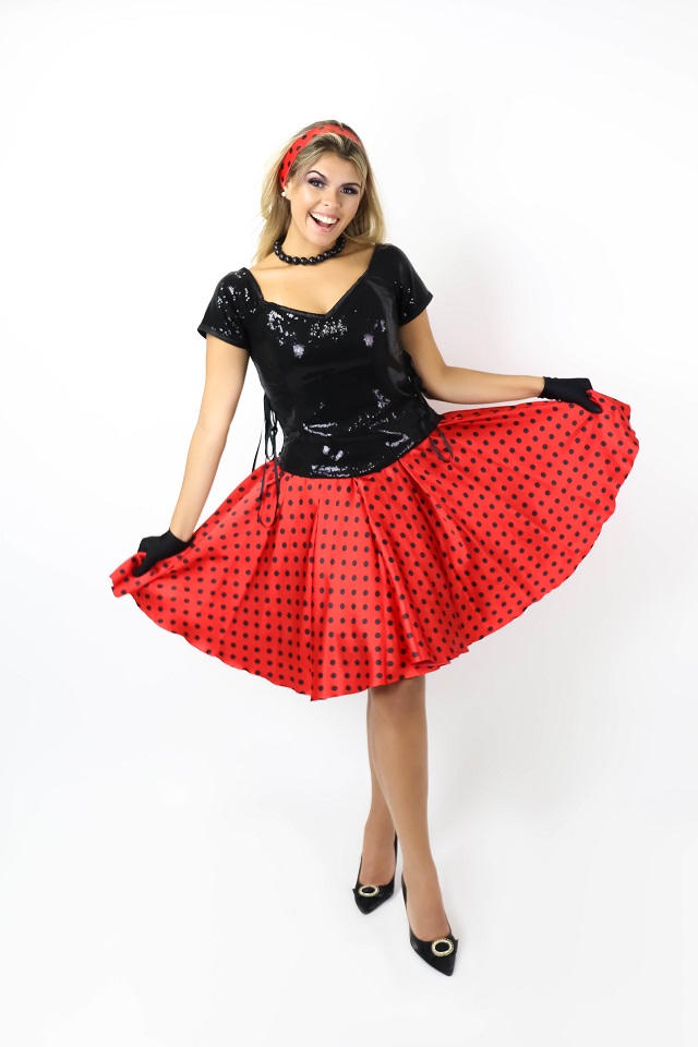 50s Corpete paet� preto saia vermelha bola